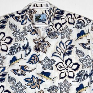 AFTCO Bluewater Hawaiian Shirt Mens XL Sailfish Floral Print Fishing Retro
